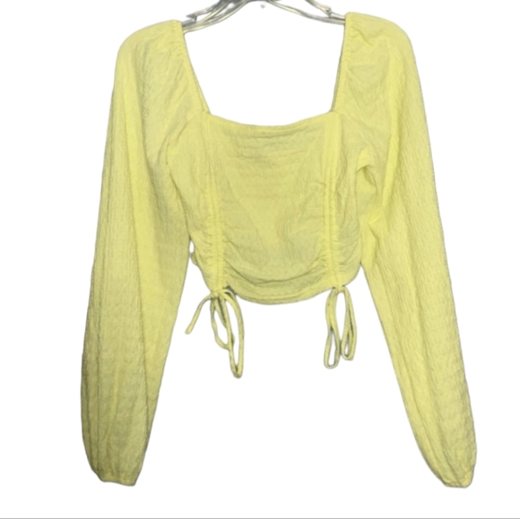 Sophie Rue Top Womens Small Yellow Long Sleeve Cropped Ruched Square Neck Blouse - Picture 2 of 8